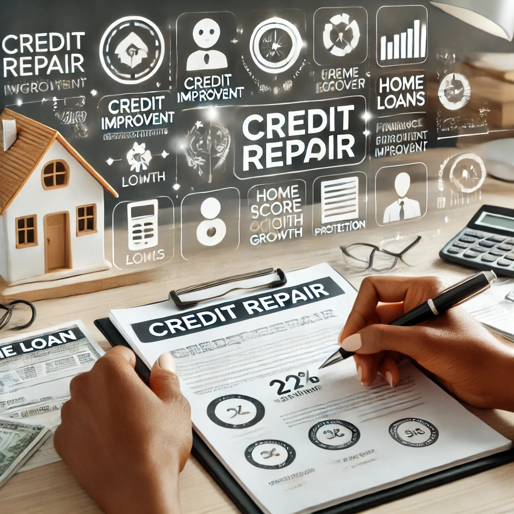 dall·e 2025 12 10 16.25.41 a clean and modern financial themed scene highlighting credit repair as the main service, while still showing related concepts like home loans and per